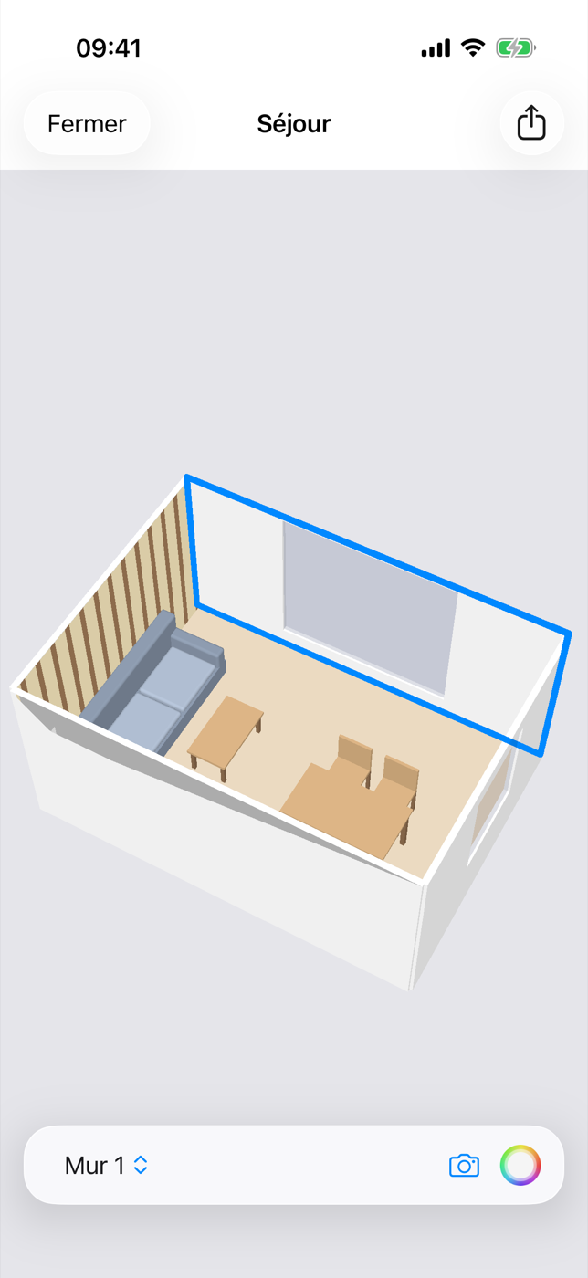 Toisé, maquette 3D du séjour : un mur est entouré en bleu.