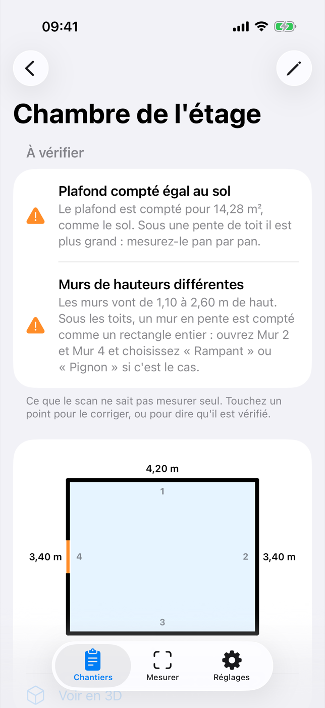 Toisé, la liste « À vérifier » sur une chambre sous les toits.