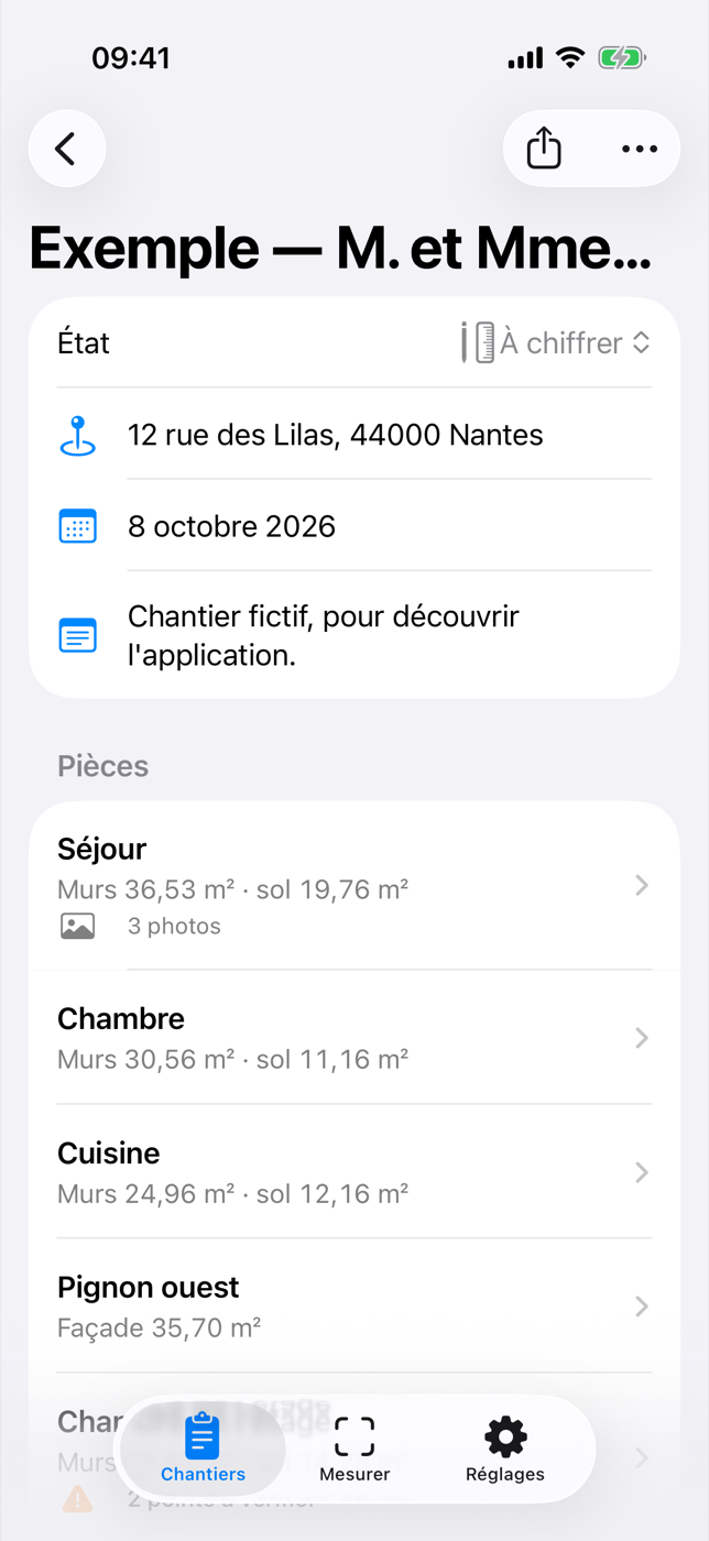 Toisé, un chantier et ses pièces : séjour, chambre, cuisine, pignon ouest.