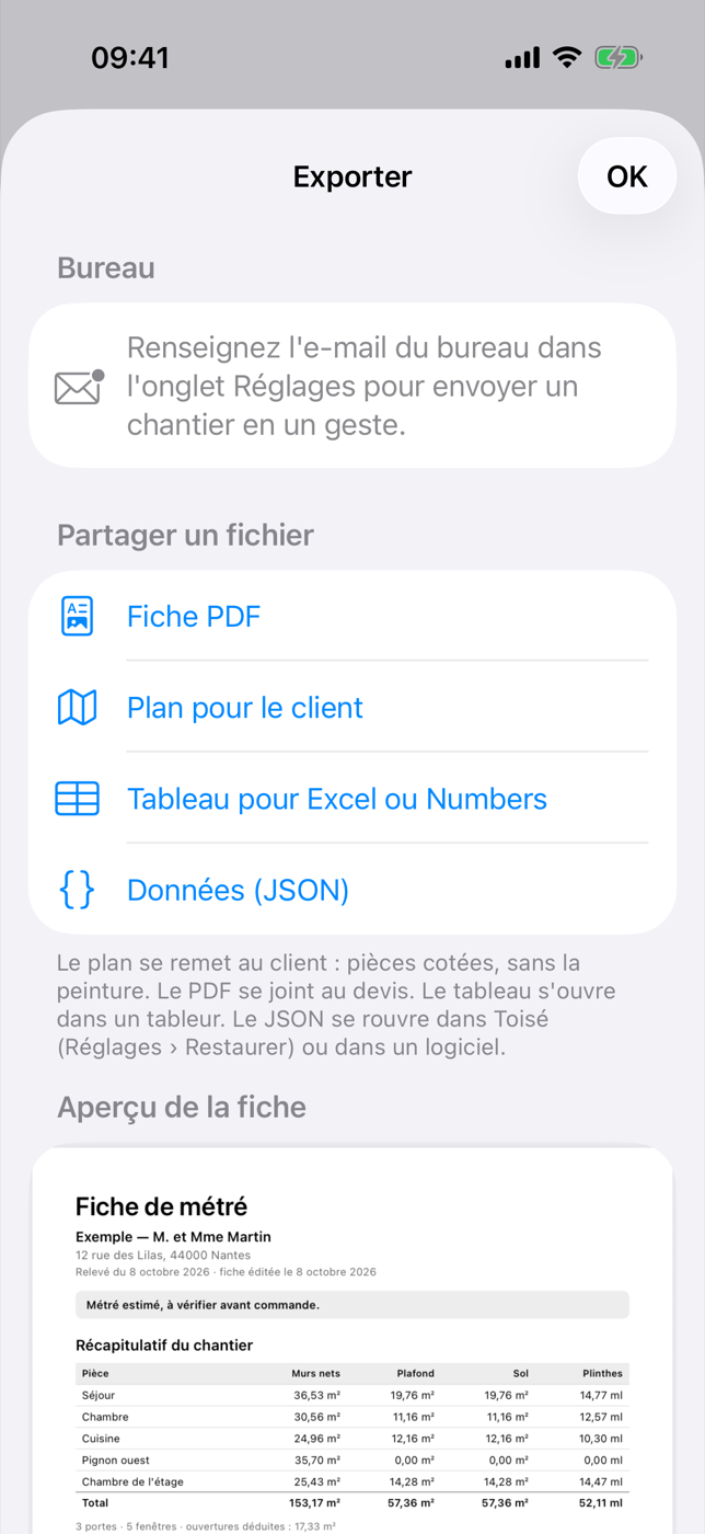 Toisé, écran d'export avec l'aperçu de la fiche.