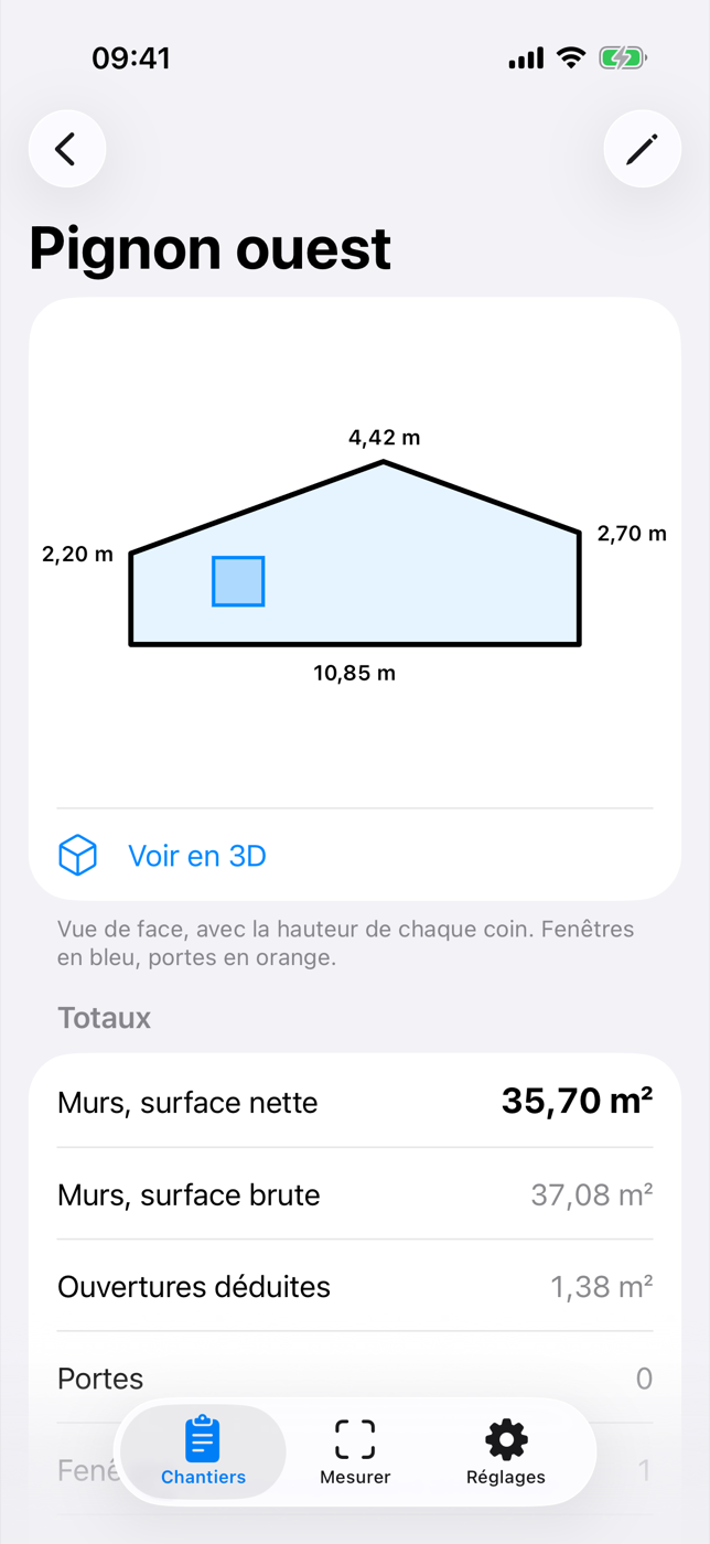 Toisé, un pignon vu de face avec ses cotes.