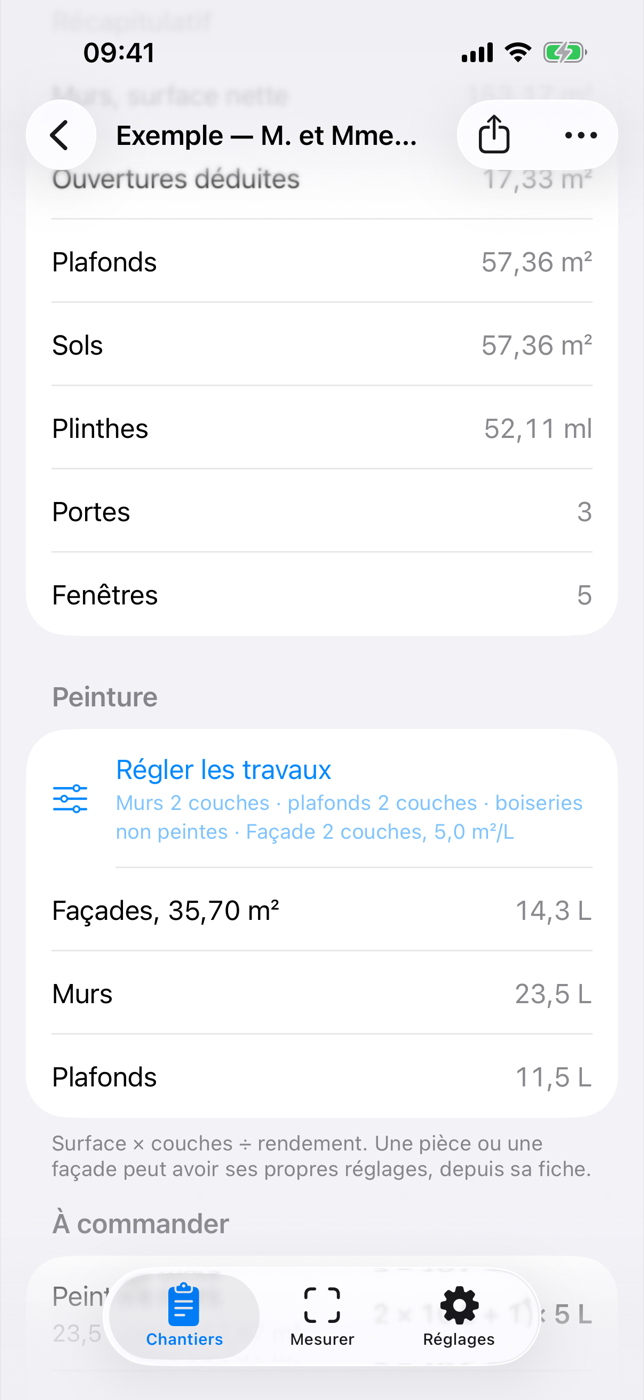 Toisé, le récapitulatif du chantier et la peinture à commander.